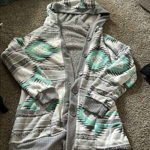 Gray and Green fuzzy Patterned Women's Sweater/cardigan
